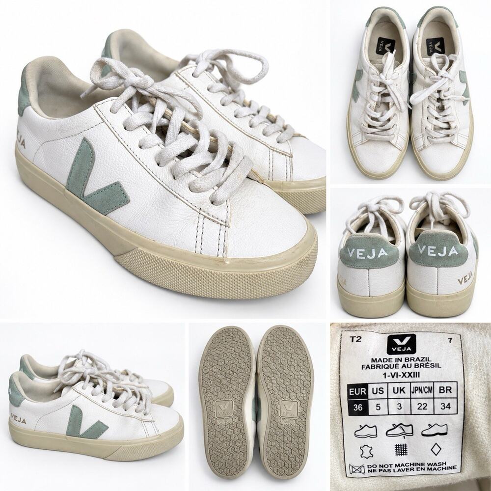 VEJA White Green Low Top Lace-Up Sneakers Women 5 Little girl 3.5 Solid Logo